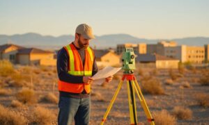 Land surveyor checking legal easements and access rights on semi-urban desert land