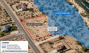 Property floodplain map overlay - ALTA SURVEY Arizona Floodplain map overlay showing how a land survey property may fall within a flood zone near a river