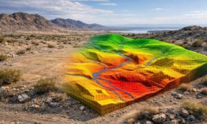 Desert wash lot terrain analysis - ALTA SURVEY Arizona Lidar mapping showing elevation changes and water flow across a desert wash lot before construction planning