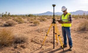 Land surveyor checking undeveloped lot - ALTA SURVEY Arizona Land surveying being done on raw land before a property purchase