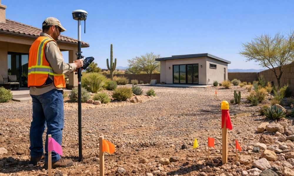 A surveyor performing a boundary survey before building a backyard casita