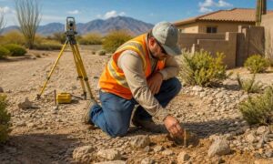 Land surveyor inspecting a missing property corner marker during a boundary survey on an Arizona residential lot