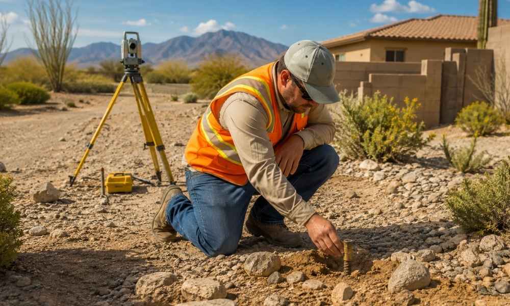 Land surveyor inspecting a missing property corner marker during a boundary survey on an Arizona residential lot