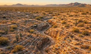 Contour lines overlaid on a desert landscape, showing a dry wash and subtle elevation changes across the terrain.