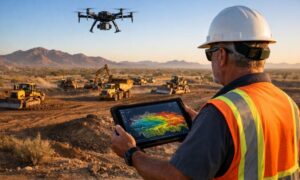 A grading foreman reviews LiDAR mapping data on a tablet as a drone surveys an active construction site