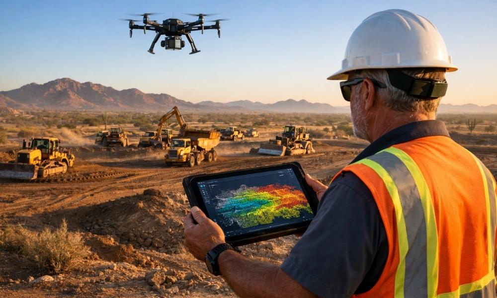 A grading foreman reviews LiDAR mapping data on a tablet as a drone surveys an active construction site
