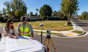 Surveyor and property owner reviewing a property survey for a corner lot before listing it for sale