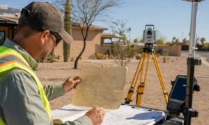 Licensed land surveyor reviewing old property records and verifying boundaries with modern surveying equipment in Phoenix Arizona