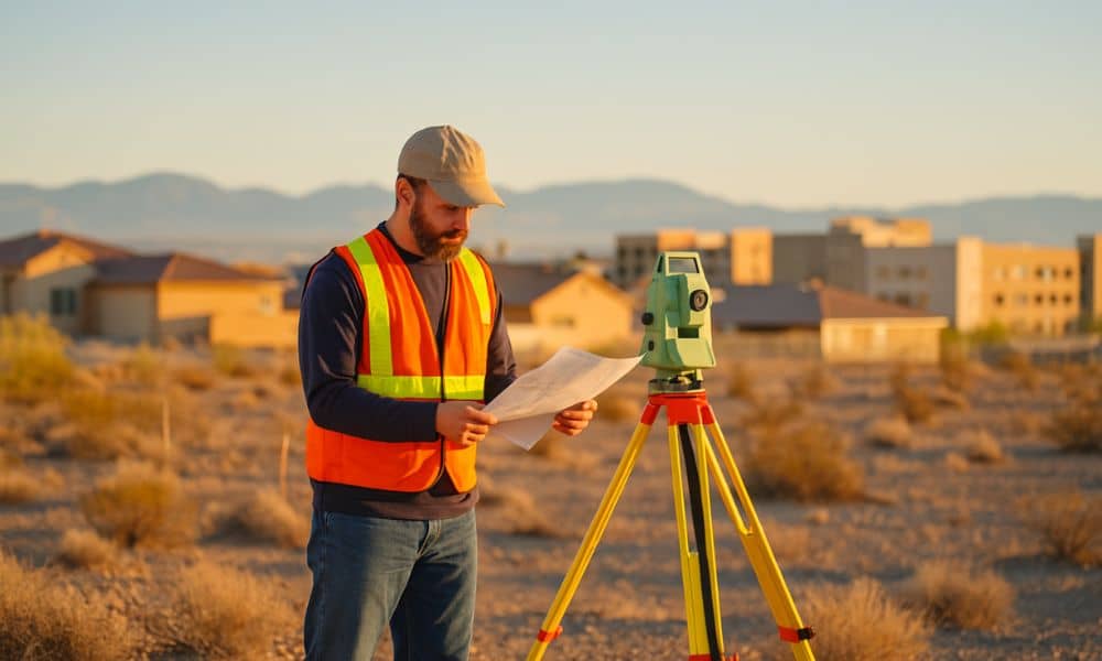 alta survey easement access bullhead city - ALTA SURVEY Arizona alta survey - Land surveyor checking legal easements and access rights on semi-urban desert land in Bullhead City, Arizona, with surveying equipment and site plans.