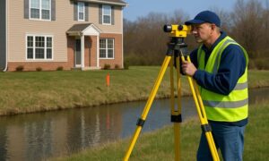 Land surveyor conducting an elevation survey near a residential home in a flood-prone area for FEMA Elevation Certificate documentation.