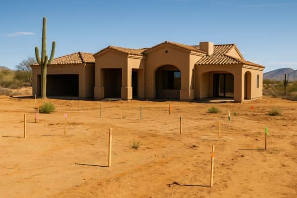 construction staking Phoenix - ALTA SURVEY Arizona Southwestern-style home under construction in Phoenix, Arizona, with colorful stakes marking the site layout on a desert lot.