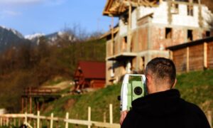 Surveyor using a total station to perform construction staking on a building site—an essential step before construction begins.