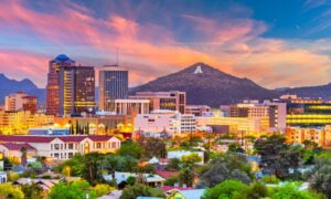 Tucson Arizona skyline with surrounding terrain—ideal setting to illustrate the importance of a topographic survey for site planning and elevation analysis.