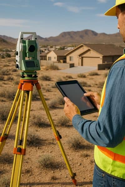 Kingman flood elevation survey desert site - ALTA SURVEY Arizona Land surveyor in Kingman desert measuring home elevations for a Flood Elevation Certificate