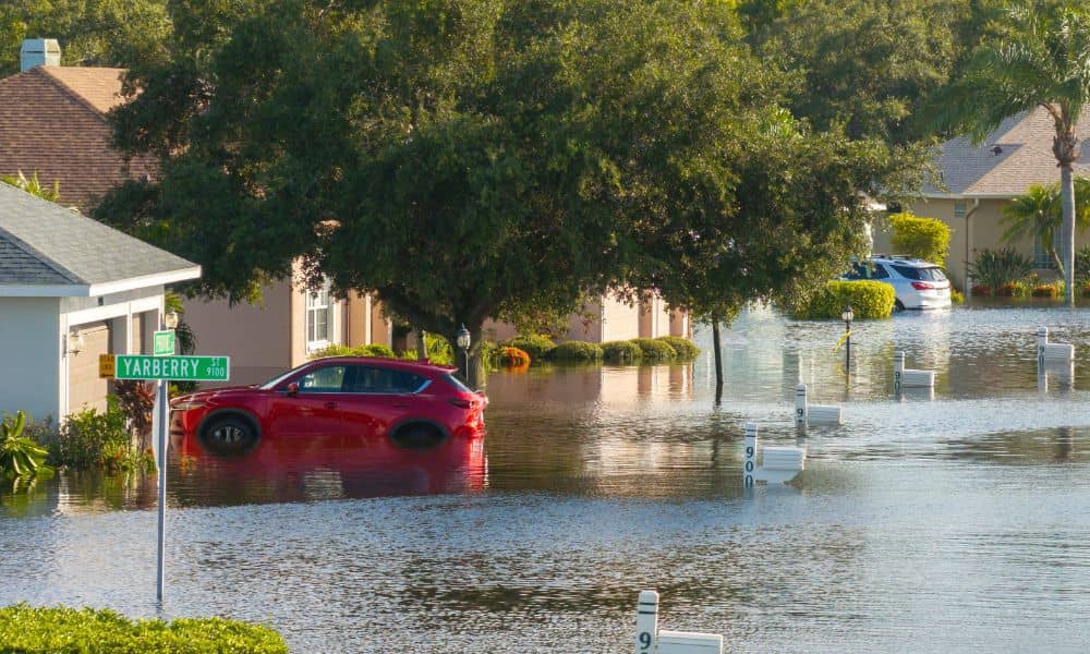 Flooded residential street with cars and houses surrounded by water, showing why homeowners need an elevation certificate
