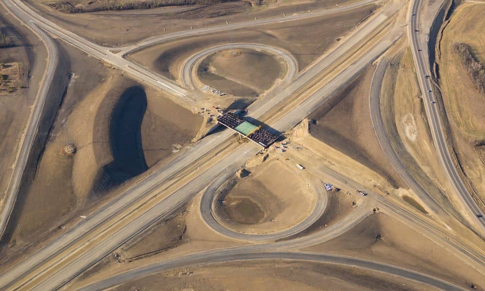 Highway interchange construction aerial view - ALTA SURVEY Arizona Aerial photo of a highway interchange under construction, showing how drone surveying captures site planning and land grading details