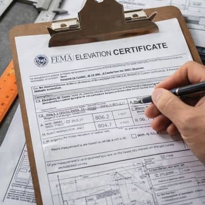 Survey drawings and elevation data being reviewed for a FEMA elevation certificate approval process