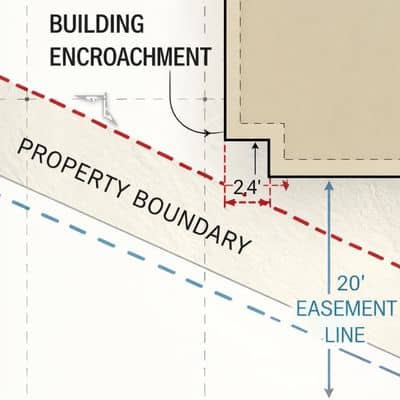 Technical survey drawing showing a building corner crossing a property boundary during an alta land title survey with measured encroachment distance