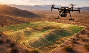 Drone surveying capturing aerial images of a large desert property to map terrain and elevation