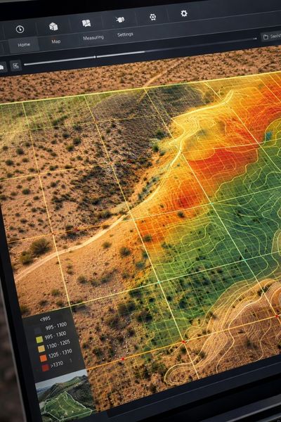 Orthomosaic terrain map created from drone surveying data showing elevation and land features across a large property