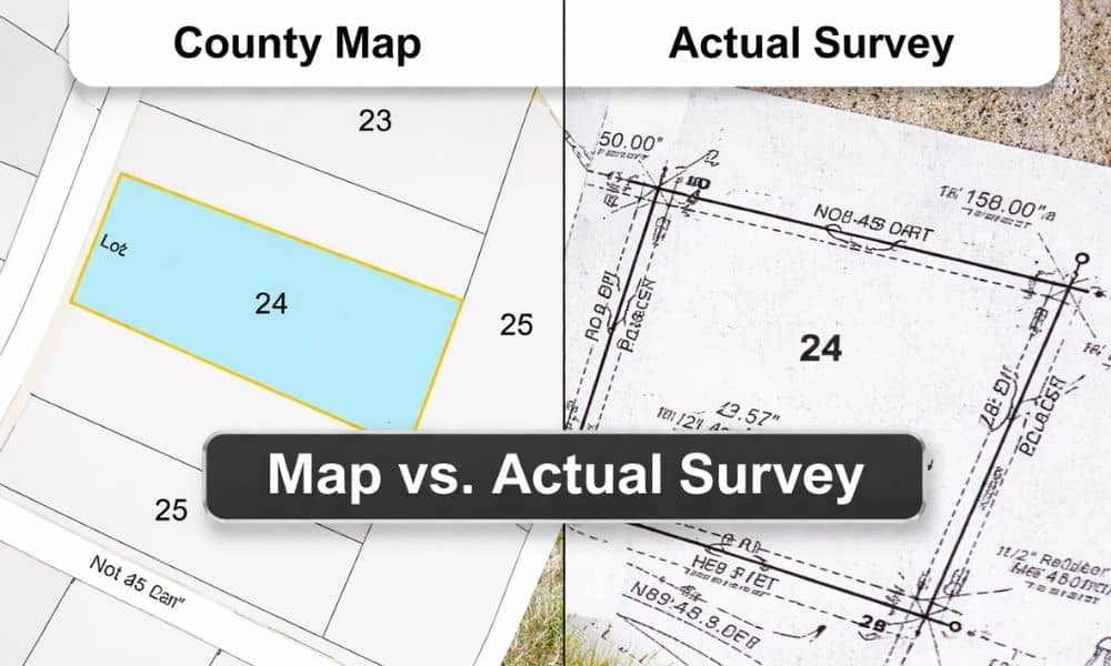Side by side comparison of a county map and a property survey showing accurate property boundaries on land