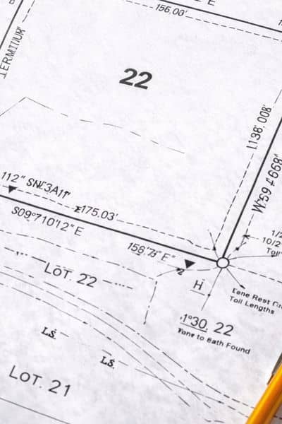 Detailed property survey showing boundary lines, measurements, and exact property dimensions on a land plan