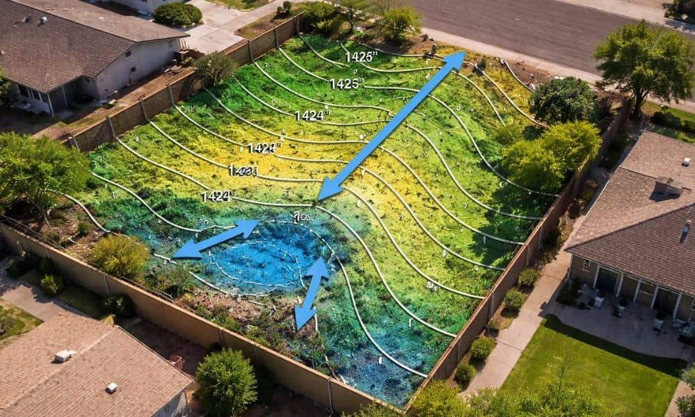 Topographic survey showing elevation changes and water flow across a small residential lot