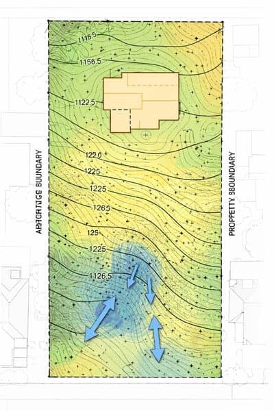 Topographic survey showing contour lines and elevation details on a residential property