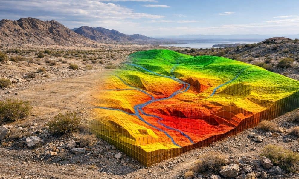 Desert wash lot terrain analysis - ALTA SURVEY Arizona Lidar mapping showing elevation changes and water flow across a desert wash lot before construction planning