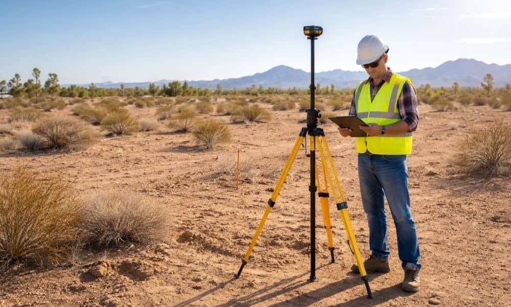 Land surveyor checking undeveloped lot - ALTA SURVEY Arizona Land surveying being done on raw land before a property purchase