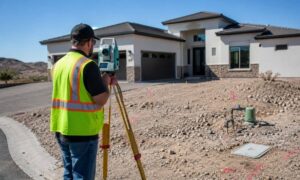 Licensed land surveyor documenting a newly completed home and property improvements after construction for an as-built survey