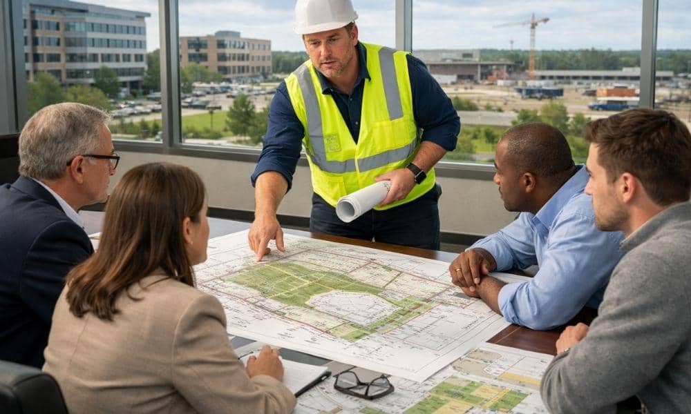 Licensed surveyor reviewing an ALTA land survey with a commercial project team during the due diligence process