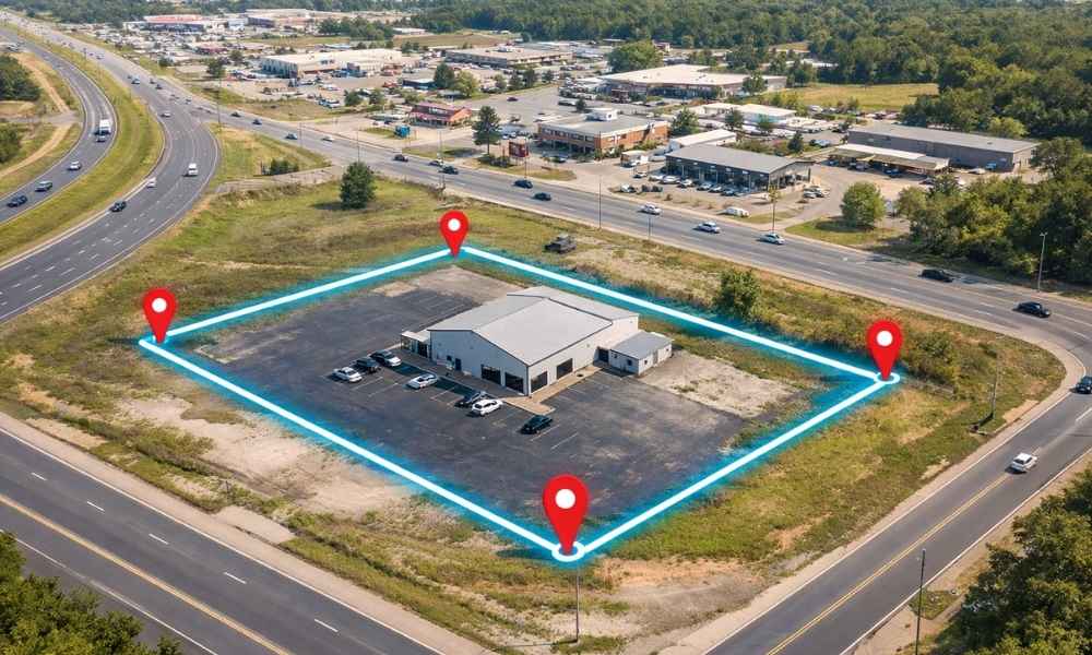 Commercial property showing ALTA survey boundary lines used to verify site access and property limits before purchase