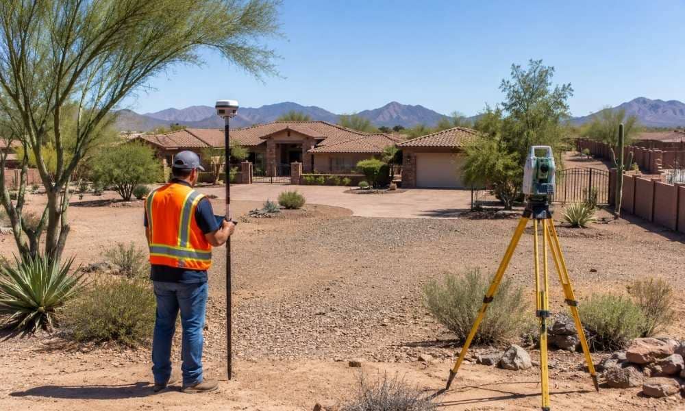 Licensed land surveyor reviewing a property split on a residential lot in Phoenix, Arizona